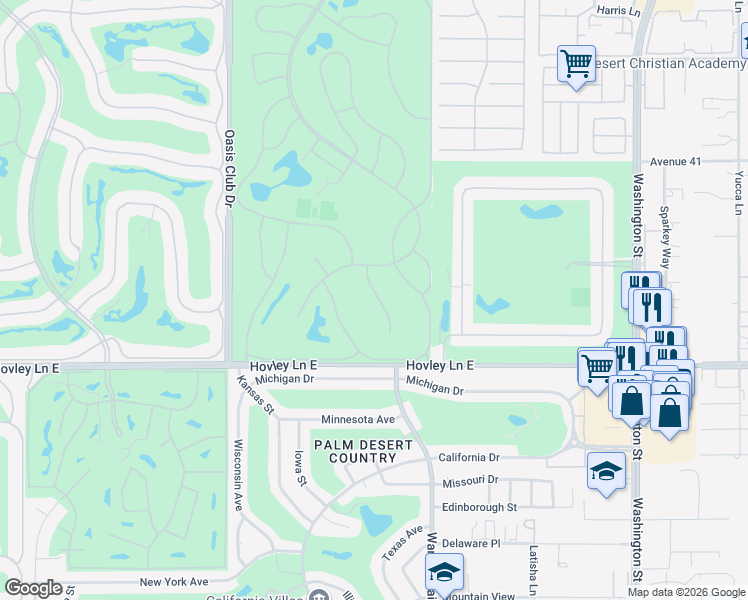 map of restaurants, bars, coffee shops, grocery stores, and more near 41691 Jupiter Hills Court in Palm Desert