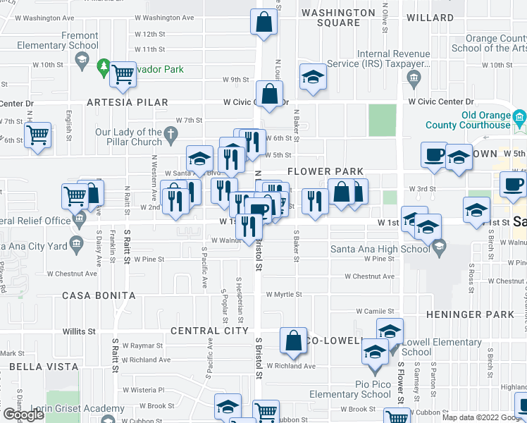 map of restaurants, bars, coffee shops, grocery stores, and more near 1250 West 2nd Street in Santa Ana