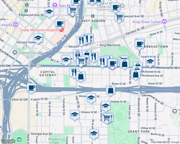 map of restaurants, bars, coffee shops, grocery stores, and more near 320 Harden Street Southeast in Atlanta