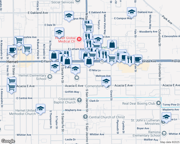 map of restaurants, bars, coffee shops, grocery stores, and more near 160 South San Jacinto Street in Hemet