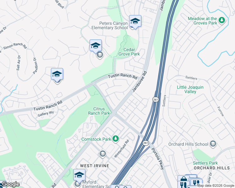 map of restaurants, bars, coffee shops, grocery stores, and more near 2996 Young in Tustin