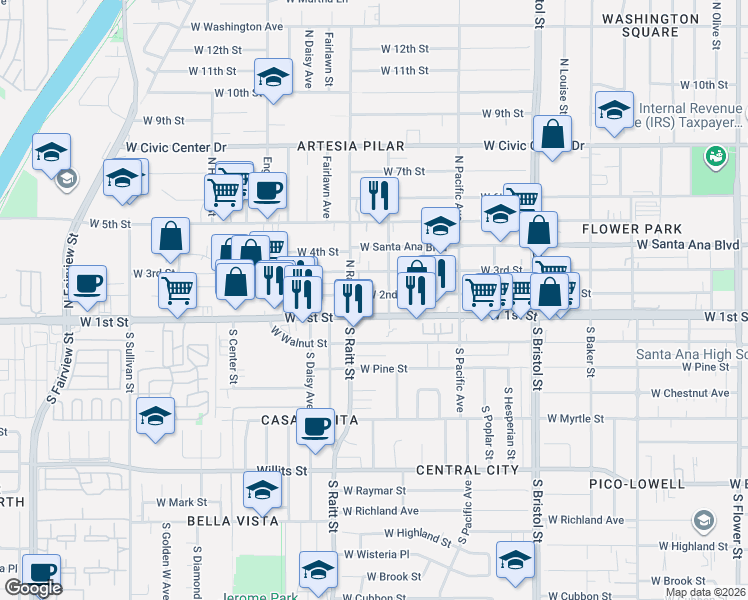 map of restaurants, bars, coffee shops, grocery stores, and more near 1715 West 1st Street in Santa Ana