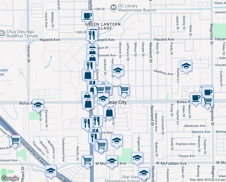 map of restaurants, bars, coffee shops, grocery stores, and more near 14932 Jackson Street in Midway City