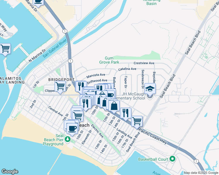 map of restaurants, bars, coffee shops, grocery stores, and more near 1145 Coastline Drive in Seal Beach