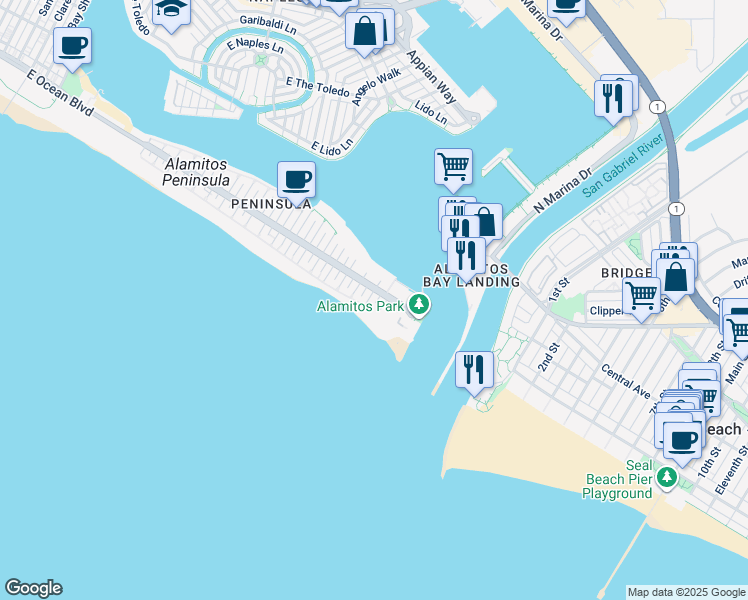 map of restaurants, bars, coffee shops, grocery stores, and more near 6915 East Seaside Walk in Long Beach