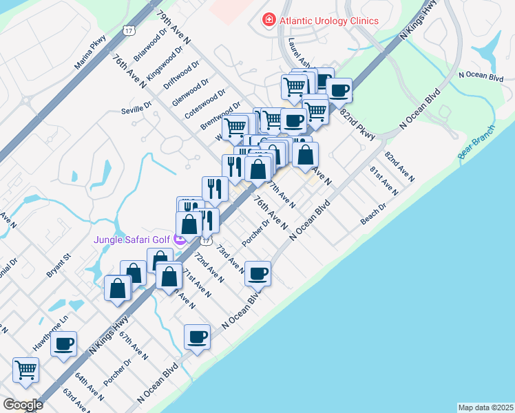 map of restaurants, bars, coffee shops, grocery stores, and more near 406 75th Avenue North in Myrtle Beach