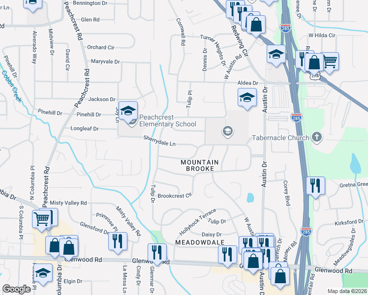 map of restaurants, bars, coffee shops, grocery stores, and more near 4035 Brookcrest Circle in Decatur
