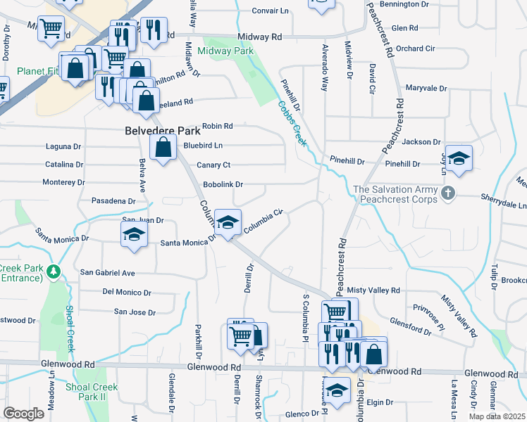 map of restaurants, bars, coffee shops, grocery stores, and more near 1554 Columbia Circle in Decatur