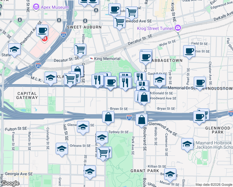 map of restaurants, bars, coffee shops, grocery stores, and more near 471 Woodward Avenue Southeast in Atlanta