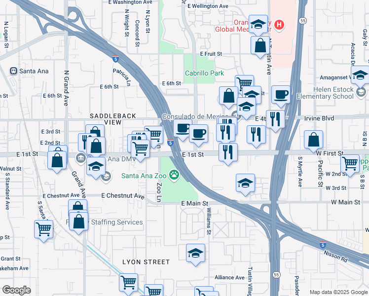 map of restaurants, bars, coffee shops, grocery stores, and more near 1851 East First Street in Santa Ana