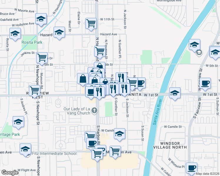 map of restaurants, bars, coffee shops, grocery stores, and more near 3621 West Bolsa Avenue in Santa Ana