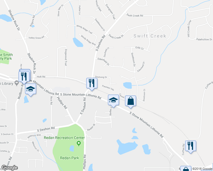map of restaurants, bars, coffee shops, grocery stores, and more near 6342 Pawleys Isle in Lithonia