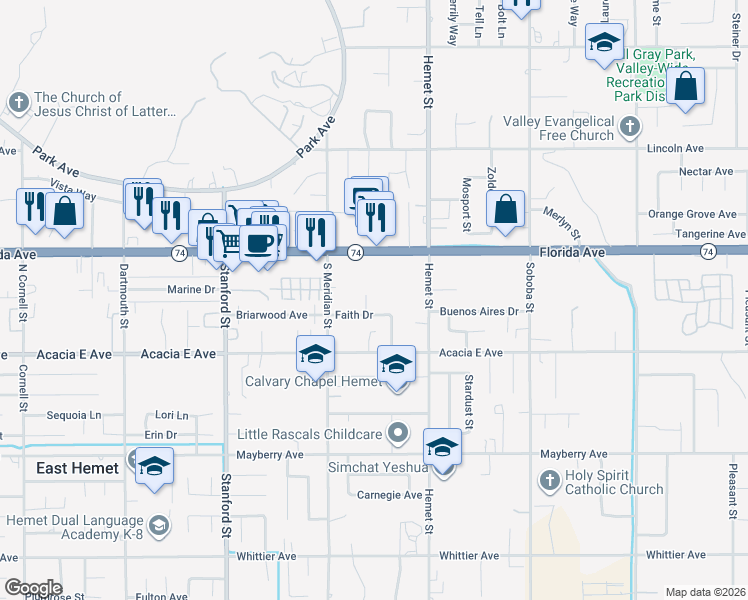 map of restaurants, bars, coffee shops, grocery stores, and more near 25874 Mercy Court in Hemet