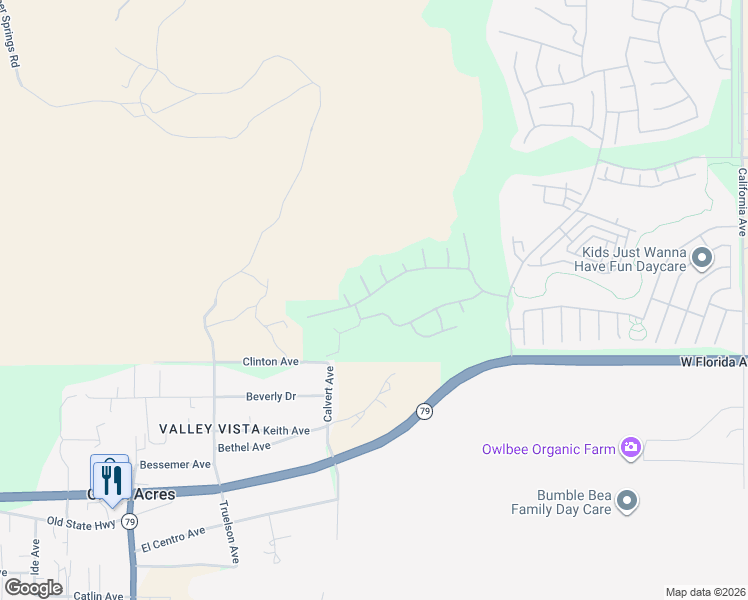 map of restaurants, bars, coffee shops, grocery stores, and more near 8955 Stephenson Lane in Hemet