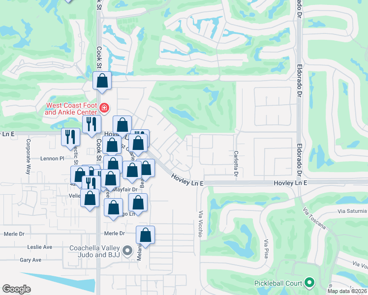 map of restaurants, bars, coffee shops, grocery stores, and more near 322 Tava Lane in Palm Desert