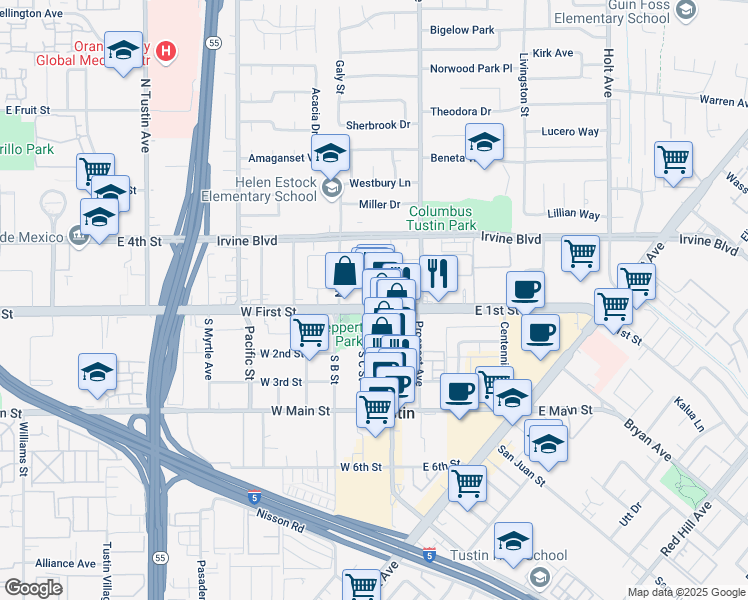 map of restaurants, bars, coffee shops, grocery stores, and more near 220 West First Street in Santa Ana