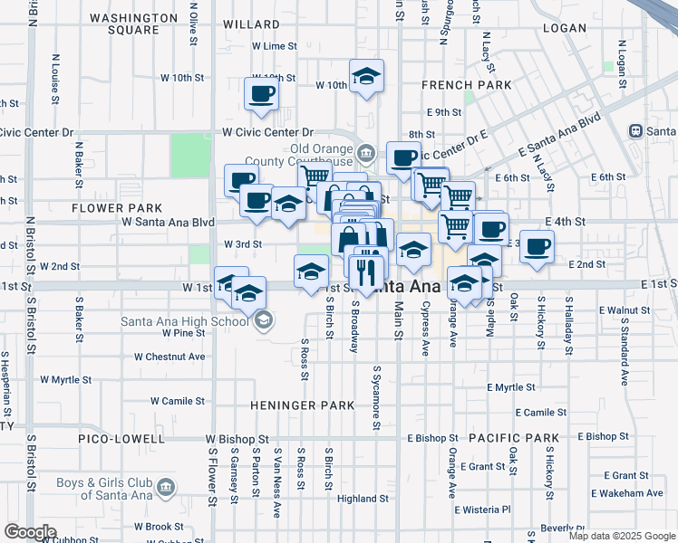 map of restaurants, bars, coffee shops, grocery stores, and more near 300 West 2nd Street in Santa Ana
