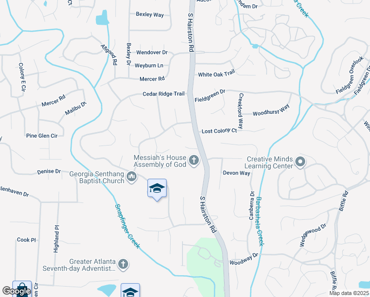 map of restaurants, bars, coffee shops, grocery stores, and more near 1643 South Hairston Road in Stone Mountain