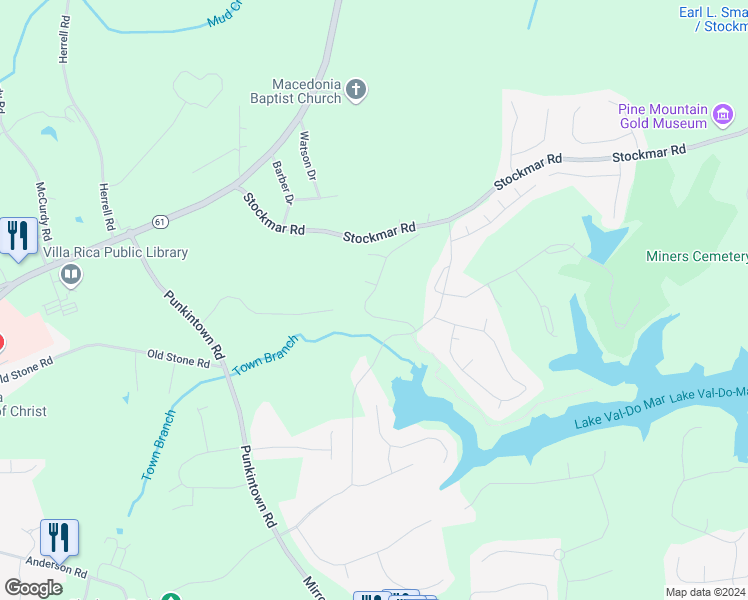map of restaurants, bars, coffee shops, grocery stores, and more near 10022 Harmon Springs Drive in Villa Rica