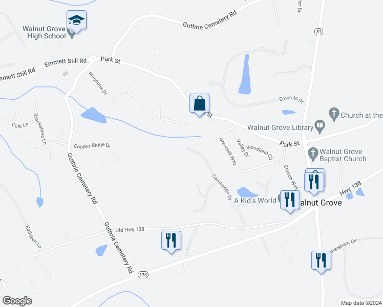 map of restaurants, bars, coffee shops, grocery stores, and more near 237 Cambridge Drive in Loganville