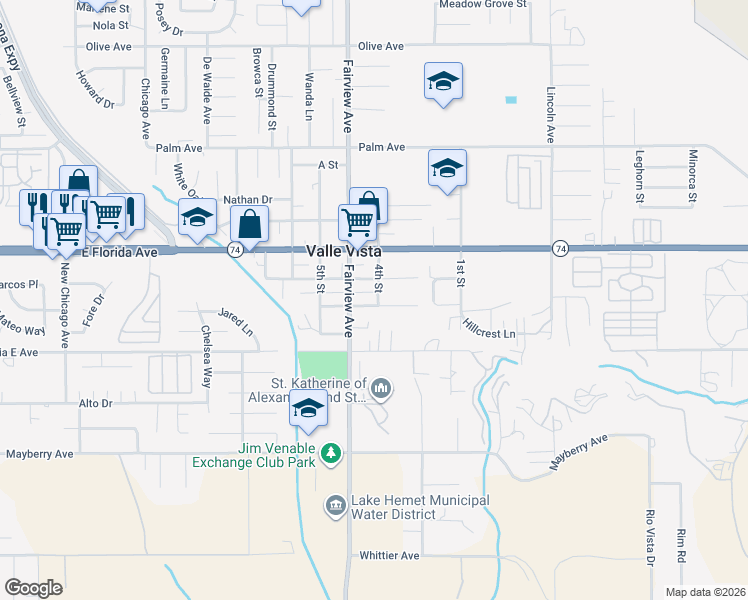 map of restaurants, bars, coffee shops, grocery stores, and more near 25863 4th Street in Hemet