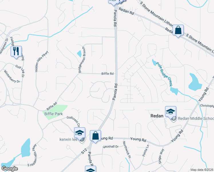 map of restaurants, bars, coffee shops, grocery stores, and more near 5449 Biffle Downs Road in Stone Mountain