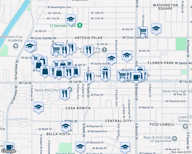map of restaurants, bars, coffee shops, grocery stores, and more near 1704 West 2nd Street in Santa Ana