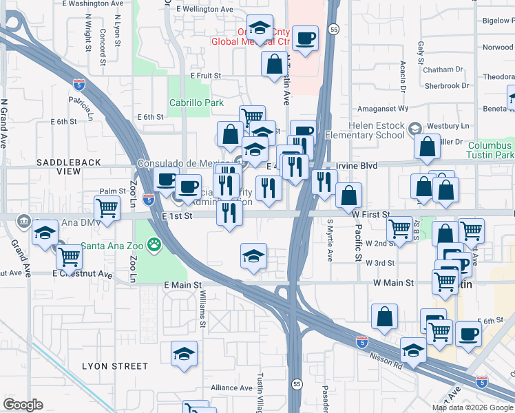 map of restaurants, bars, coffee shops, grocery stores, and more near 2151 East 1st Street in Santa Ana