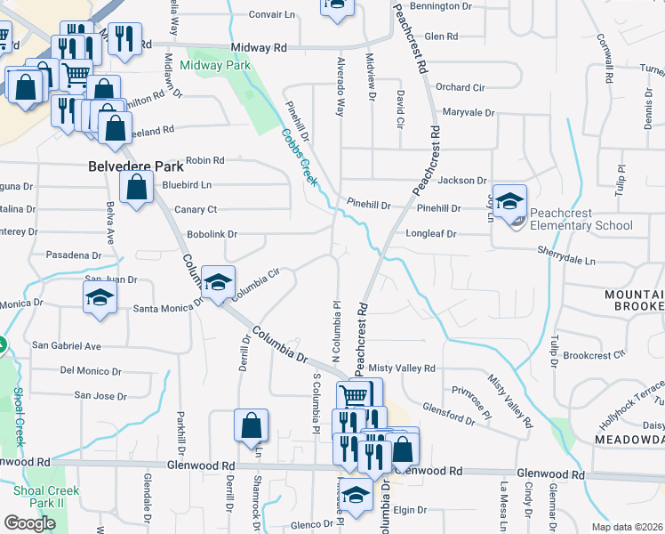 map of restaurants, bars, coffee shops, grocery stores, and more near 1597 North Columbia Place in Decatur