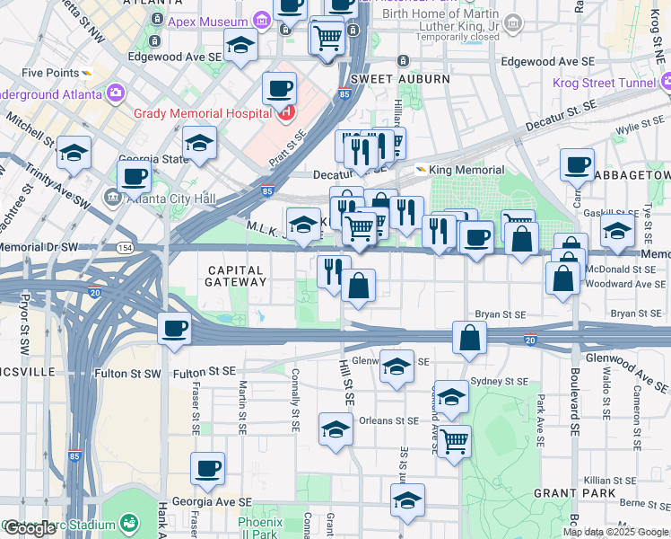 map of restaurants, bars, coffee shops, grocery stores, and more near 341 Hill Street Southeast in Atlanta