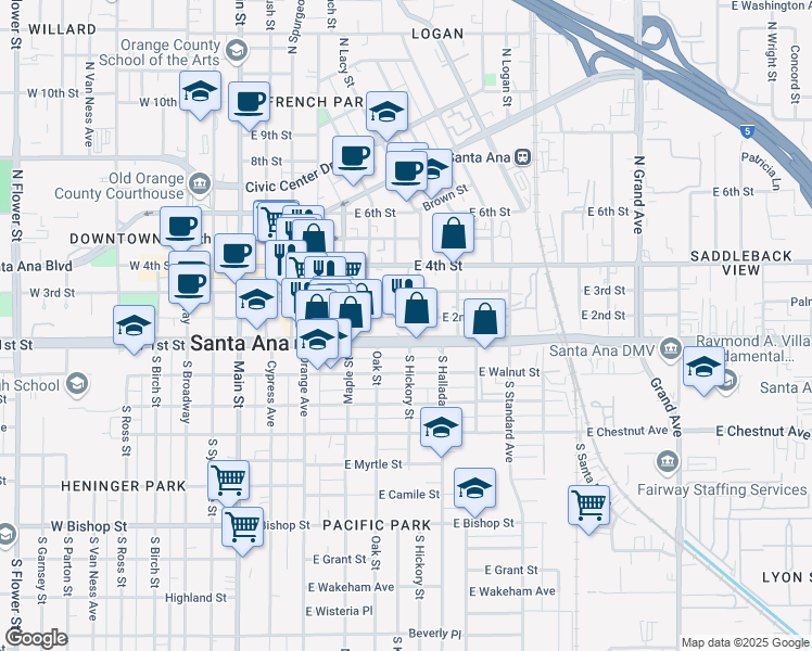 map of restaurants, bars, coffee shops, grocery stores, and more near 710 East 2nd Street in Santa Ana