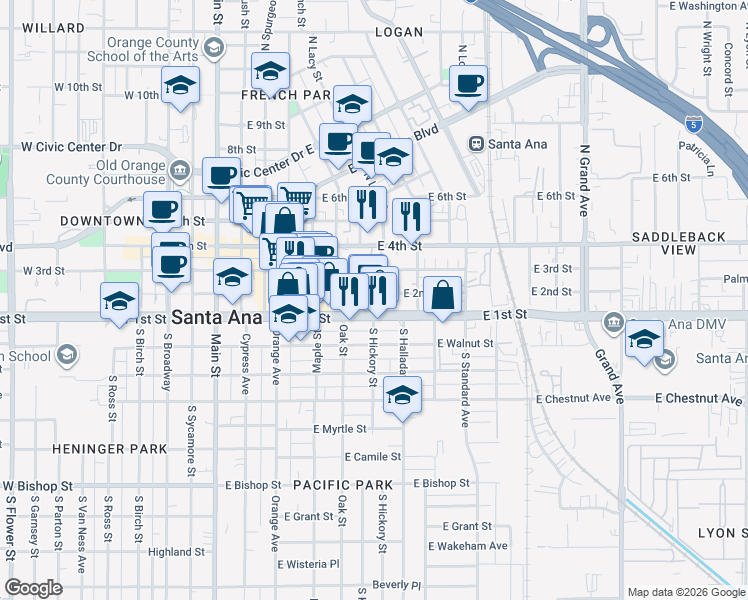 map of restaurants, bars, coffee shops, grocery stores, and more near 714 East 2nd Street in Santa Ana