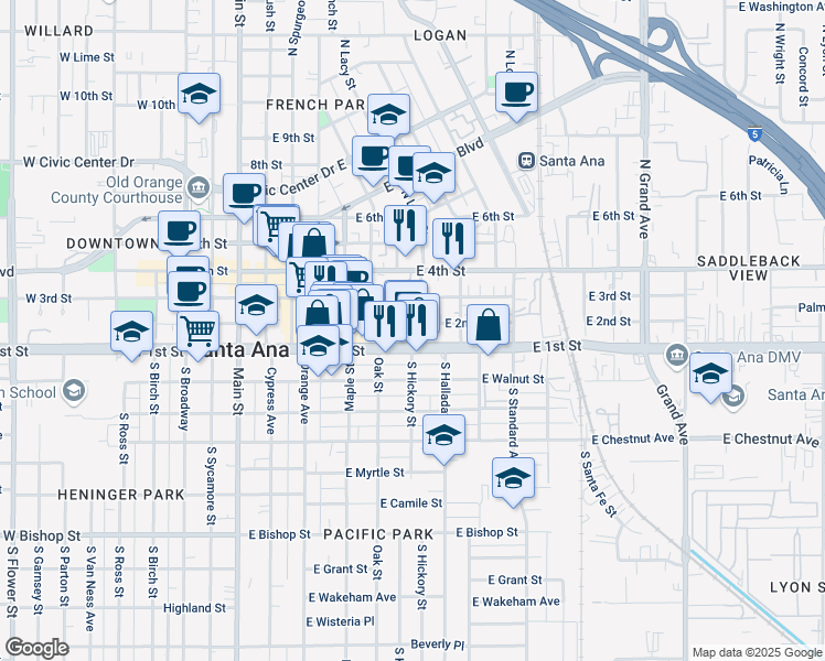 map of restaurants, bars, coffee shops, grocery stores, and more near 714 East 2nd Street in Santa Ana