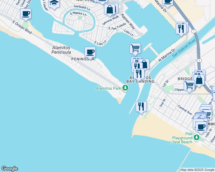 map of restaurants, bars, coffee shops, grocery stores, and more near 6807 East Seaside Walk in Long Beach