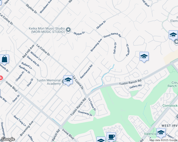 map of restaurants, bars, coffee shops, grocery stores, and more near 12352 Ranchwood Road in Santa Ana