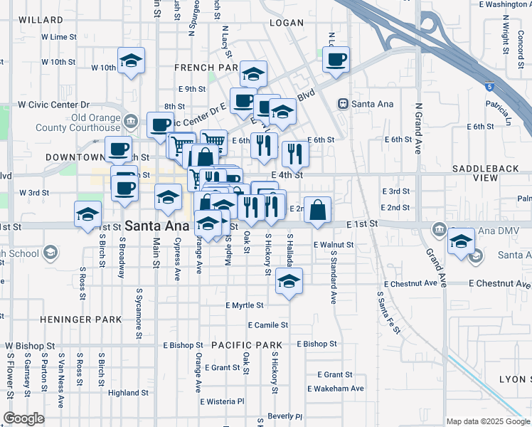 map of restaurants, bars, coffee shops, grocery stores, and more near 710 East 2nd Street in Santa Ana