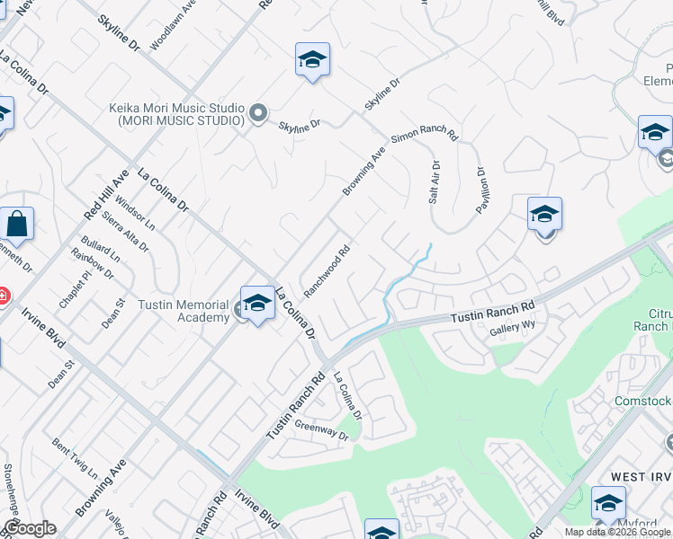 map of restaurants, bars, coffee shops, grocery stores, and more near 12352 Ranchwood Road in Santa Ana
