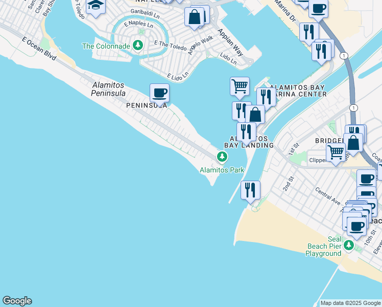 map of restaurants, bars, coffee shops, grocery stores, and more near 6807 East Seaside Walk in Long Beach