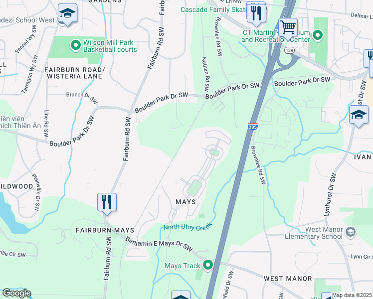 map of restaurants, bars, coffee shops, grocery stores, and more near 741 Crestwell Circle in Atlanta
