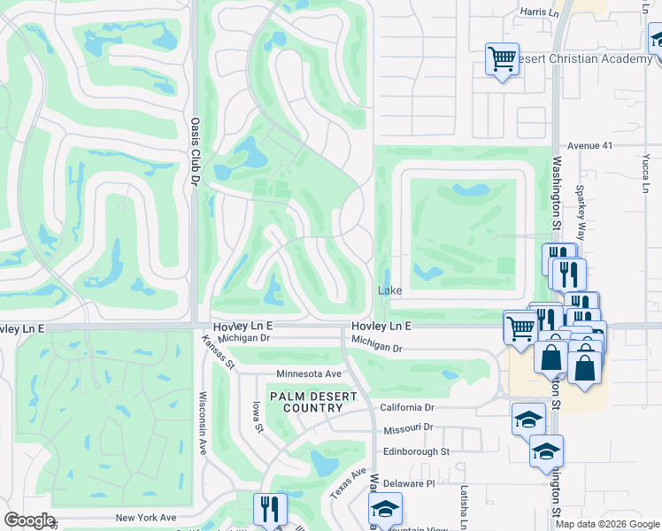map of restaurants, bars, coffee shops, grocery stores, and more near 41806 Jupiter Hills Court in Palm Desert