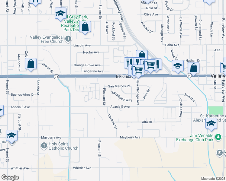 map of restaurants, bars, coffee shops, grocery stores, and more near 43145 San Mateo Way in Hemet