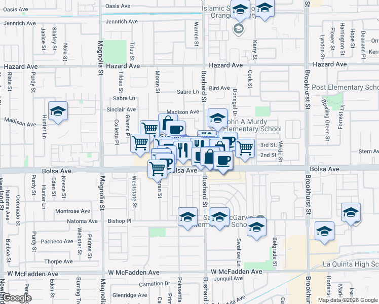 map of restaurants, bars, coffee shops, grocery stores, and more near 9433 Bolsa Avenue in Westminster
