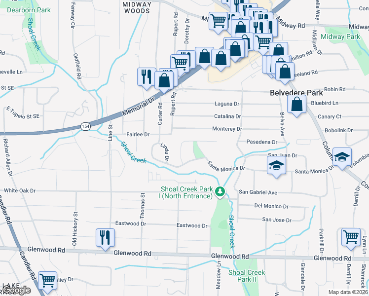map of restaurants, bars, coffee shops, grocery stores, and more near 2808 Santa Barbara Drive in Decatur