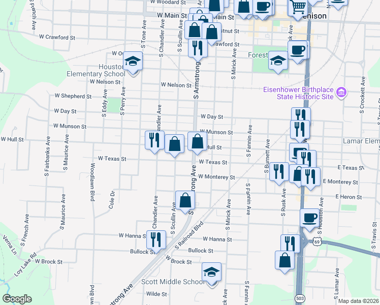 map of restaurants, bars, coffee shops, grocery stores, and more near 818B West Texas Street in Denison