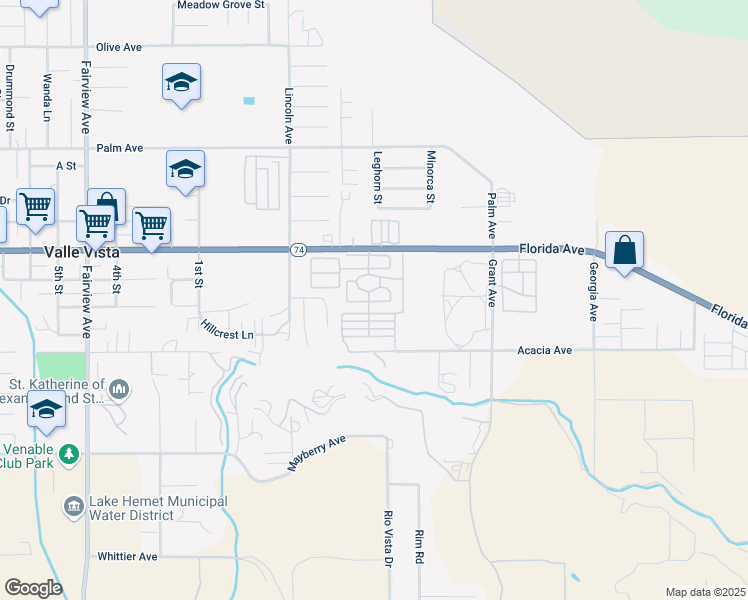 map of restaurants, bars, coffee shops, grocery stores, and more near 44725 California 74 in Hemet