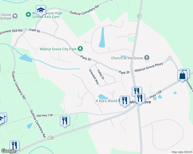 map of restaurants, bars, coffee shops, grocery stores, and more near 501 Greenhill Way in Walnut Grove