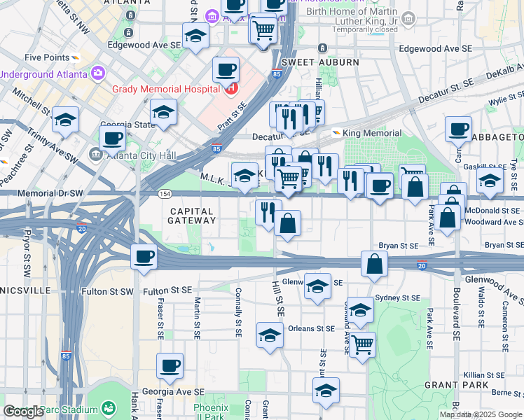 map of restaurants, bars, coffee shops, grocery stores, and more near 318 Kelly Street Southeast in Atlanta