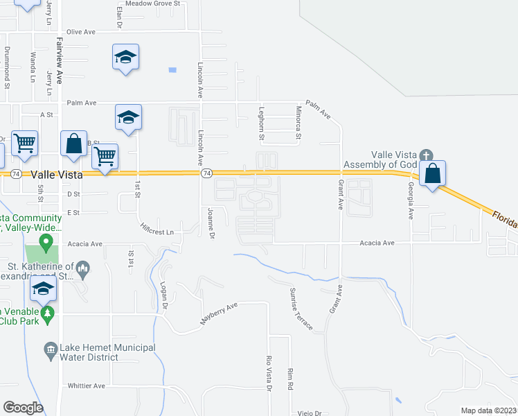 map of restaurants, bars, coffee shops, grocery stores, and more near 44725 California 74 in Hemet