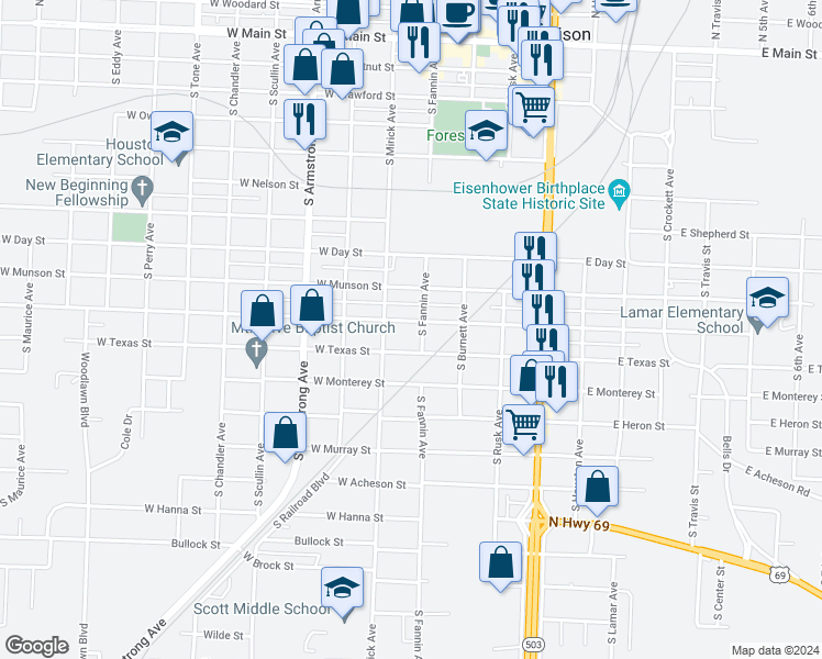 map of restaurants, bars, coffee shops, grocery stores, and more near 508 West Hull Street in Denison