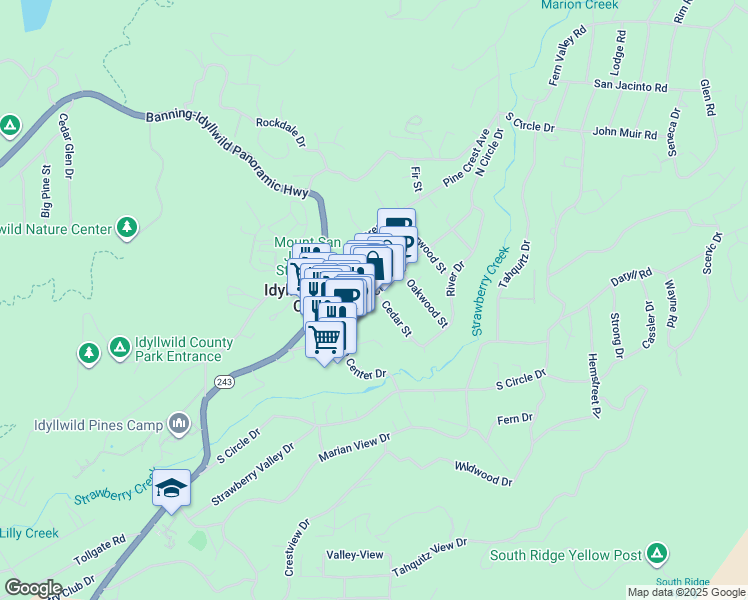 map of restaurants, bars, coffee shops, grocery stores, and more near 54325 North Circle Drive in Idyllwild-Pine Cove
